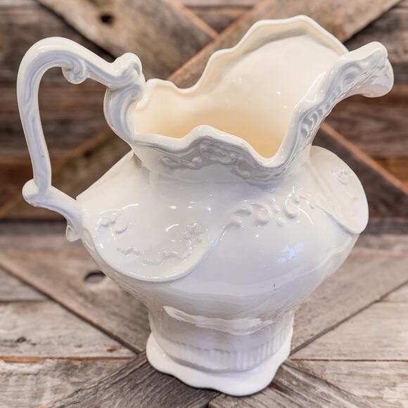 Vintage Arnel’s Victorian Style White Pottery Pitcher, Large, 10” x 10” - Picture 6 of 11